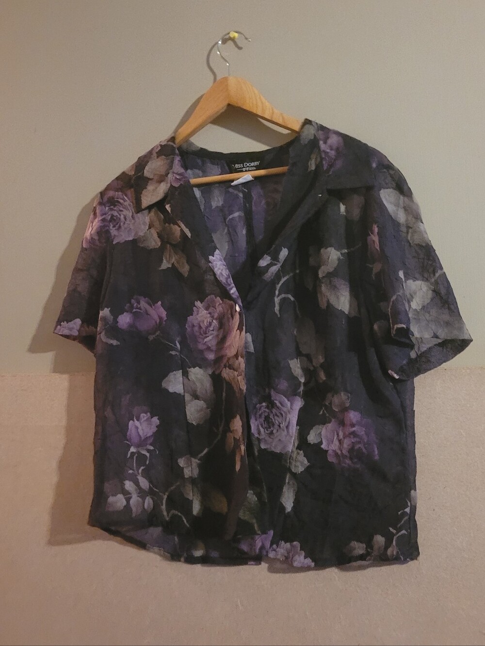 Miss Dorby Black & Purple Floral Short-Sleeve Shirt 16 P  See Through